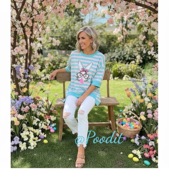 poodit Tops - Pink and blue bubble gum bunny oversized top S M L XL 2 XL